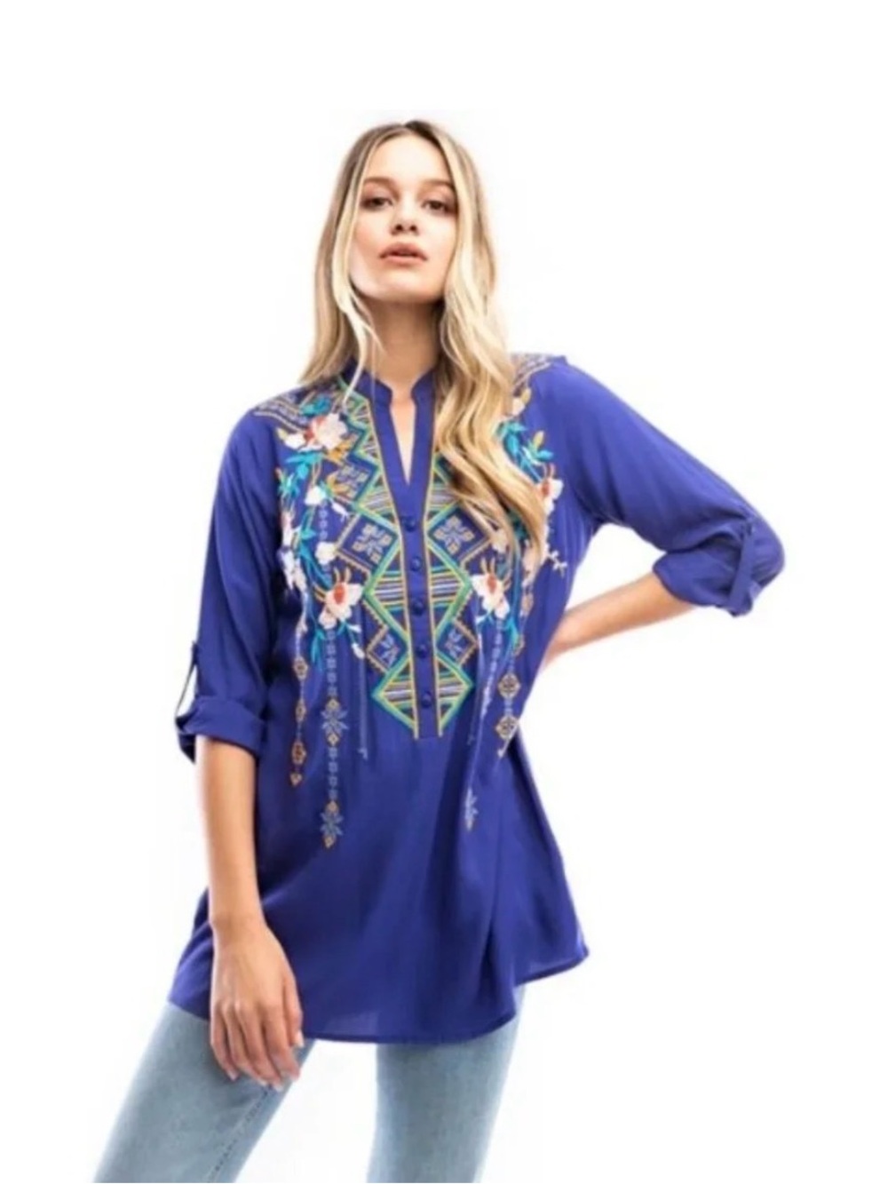 NEW Anthropologie Luna Moon Tunic Top Sz M Blue Floral Embroidered Bohemian